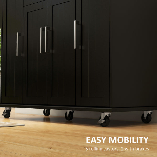 Modern Kitchen Trolley with Drawers, Natural Wood Top, Towel Rack, Door Storage Cabinet, Black