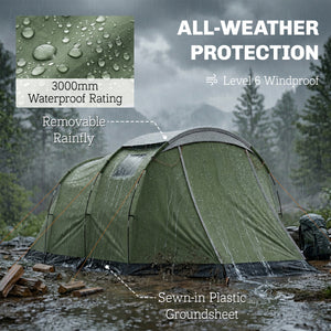 Camping Tent Waterproof Camping Tent with Two Rooms for 3-4 People, Green