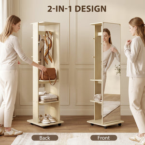 Miroir sur pied en verre trempé, monté sur roulettes, avec étagères de rangement et patères, en bois naturel.
