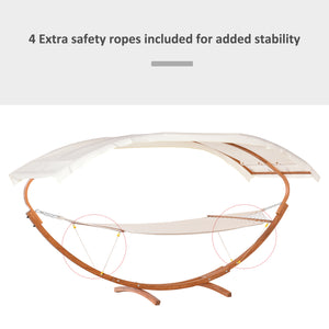 2-person hammock bed and stand set with wooden canopy, white/teak