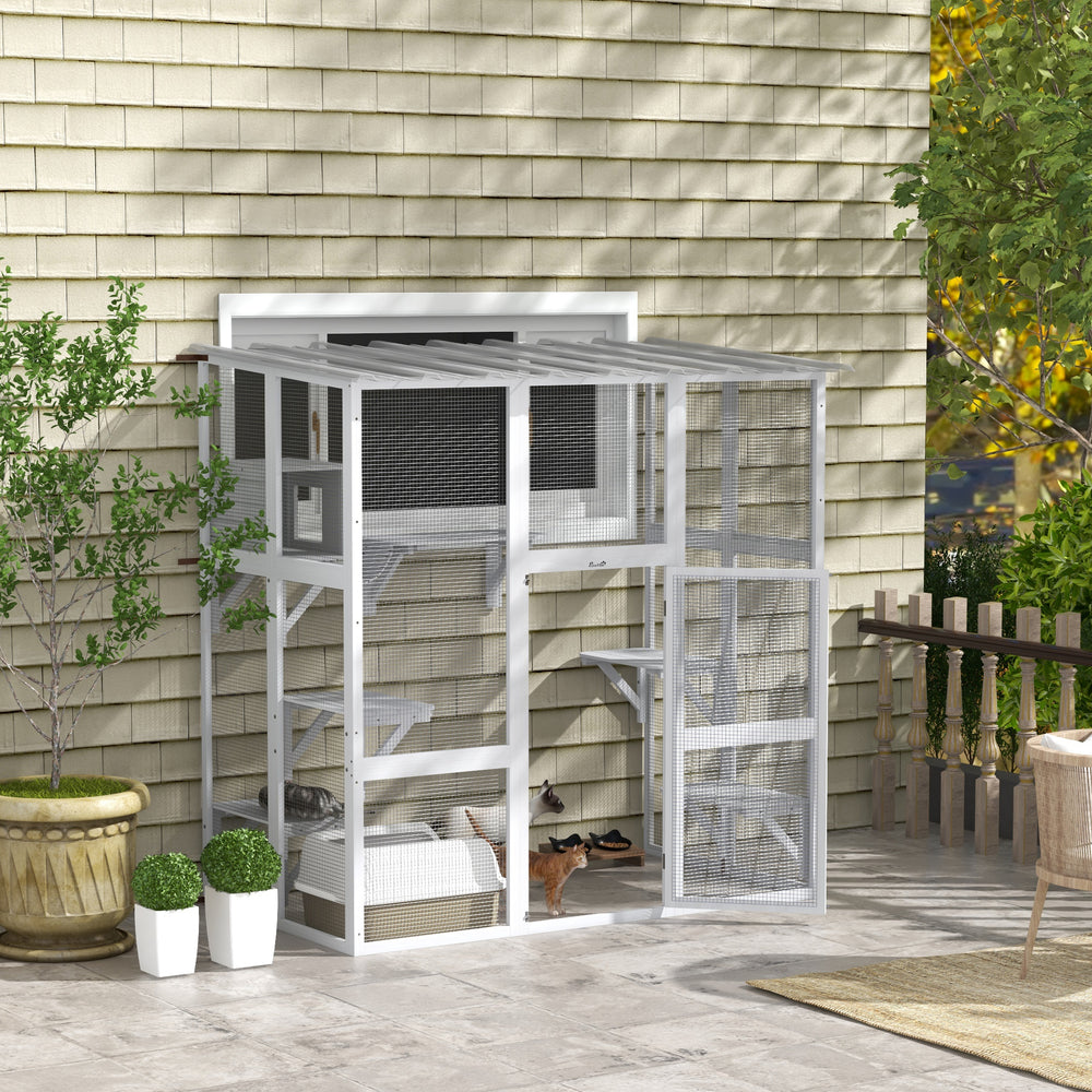 Outdoor Cat Enclosure with Weatherproof Roof, White