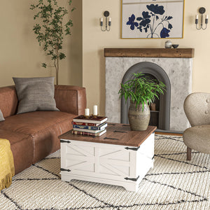 Farmhouse Style Square Coffee Table with Hinged Lids, White