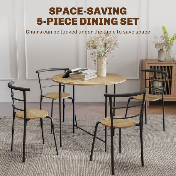 5-piece dining set, space-saving round table for 4 people with metal frame, natural color