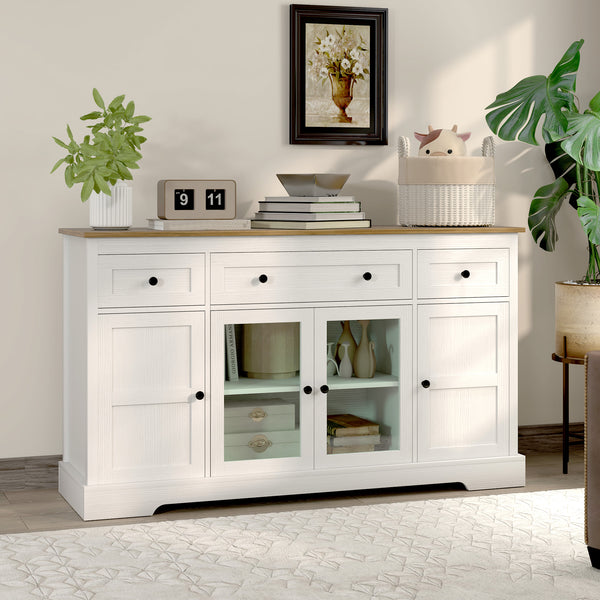 Sideboard with glass doors and adjustable shelves, aged white