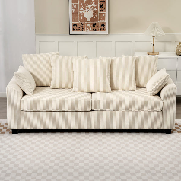 3-seater corduroy sofa with curved armrests and 8 removable cushions, beige