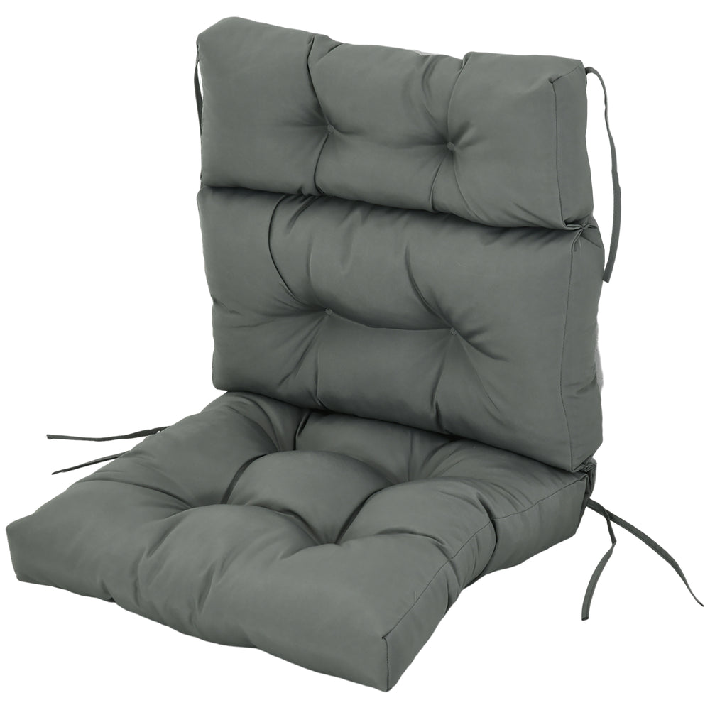Coussin touffeté gris foncé avec rembourrage épais et attaches en corde, conçu pour chaise de patio extérieur