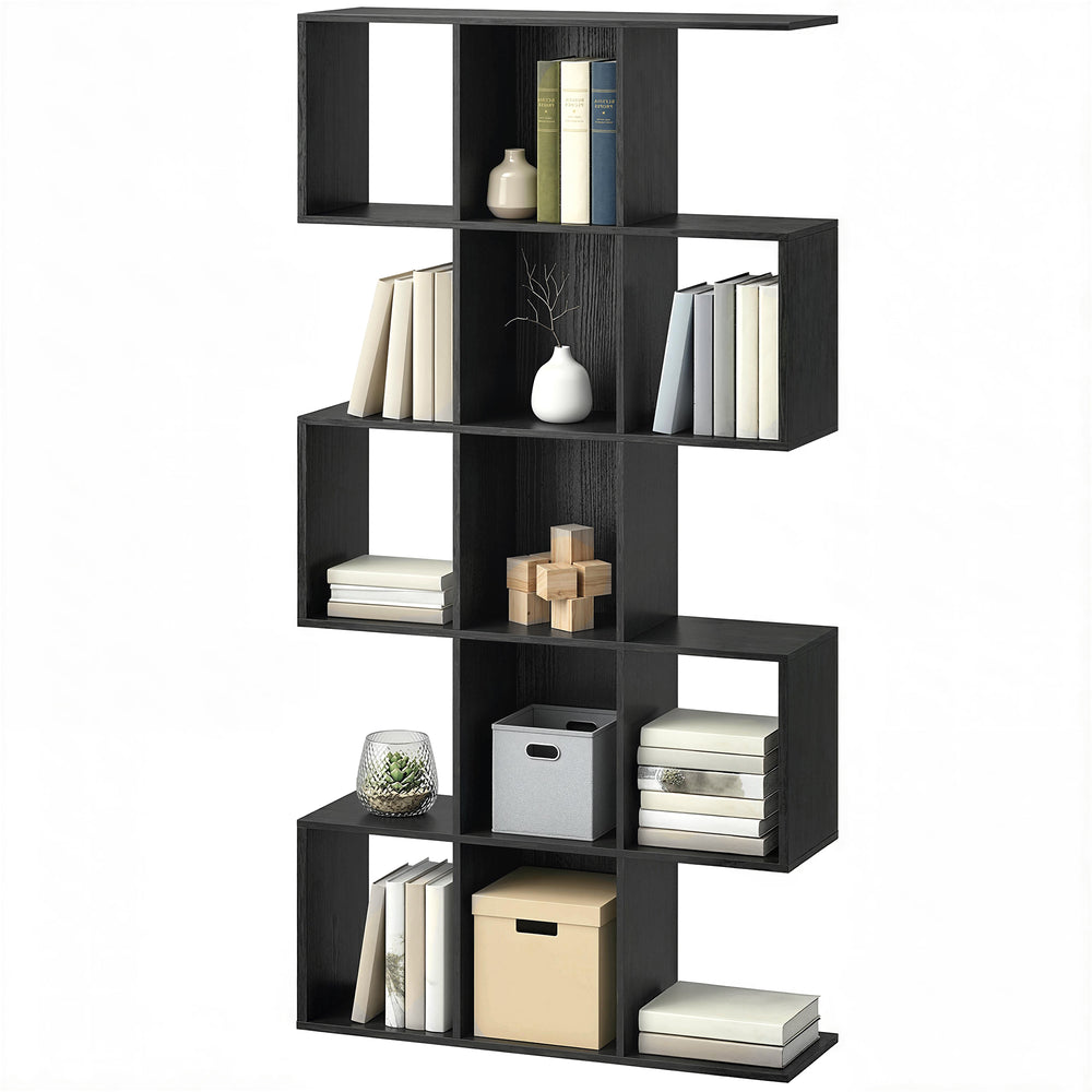 5-tier S-shaped geometric bookshelf with 15 compartments, black wood look.
