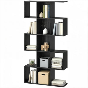 5-tier S-shaped geometric bookshelf with 15 compartments, black wood look.