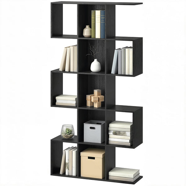 5-tier S-shaped geometric bookshelf with 15 compartments, black wood look.