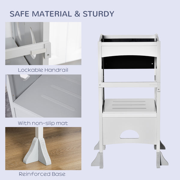 Foldable Toddler Kitchen Step Stool with Chalkboard and Locking Handrail, Grey