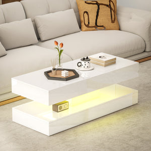 Coffee table with adjustable LED lighting and 2 drawers, glossy white