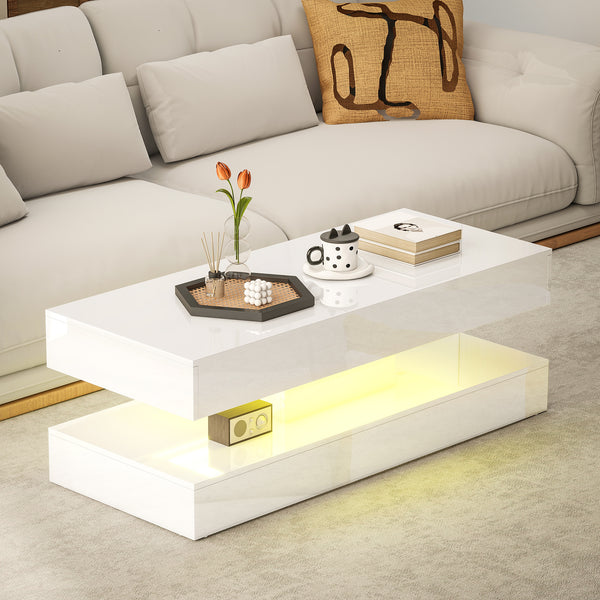 Coffee table with adjustable LED lighting and 2 drawers, glossy white