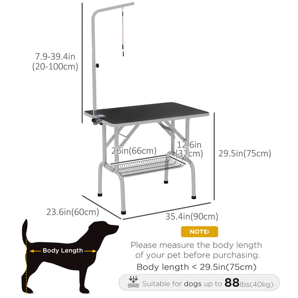 Foldable grooming table with height-adjustable grooming arm and storage shelf, black