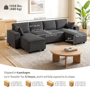 U-shaped modular corner sofa with double chaise longue and spring cushions, dark grey
