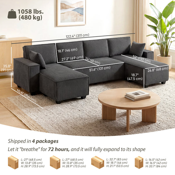 U-shaped modular corner sofa with double chaise longue and spring cushions, dark grey