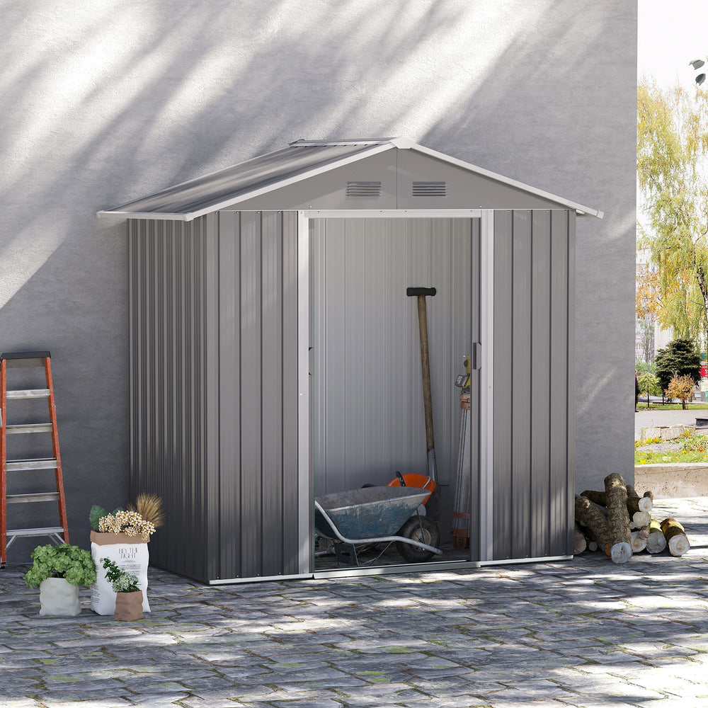 Grey metal garden shed