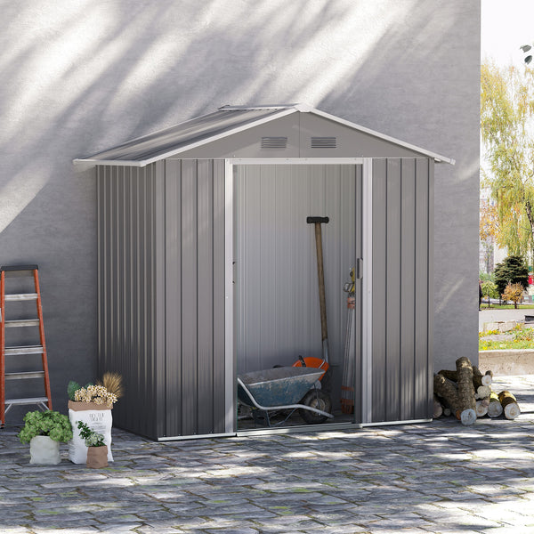 Grey metal garden shed
