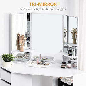 Corner dressing table with 3-piece mirror and 5 drawers, white