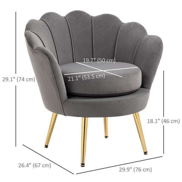 Lotus accent chair in velvet fabric with gold metal legs, gray
