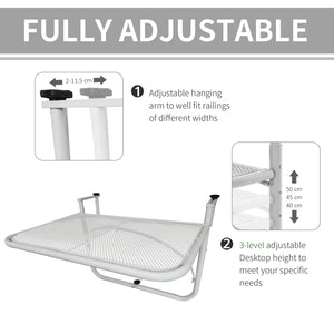 Adjustable metal balcony table, for outdoor balcony, white