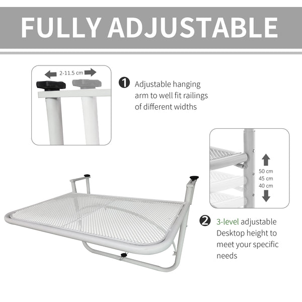 Adjustable metal balcony table, for outdoor balcony, white