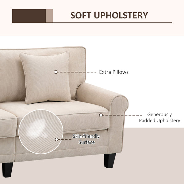 Modern 3-seater sofa in corduroy fabric, pine legs and rolled armrests, beige