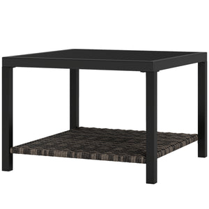 Outdoor coffee table with tempered glass top and storage shelf, black