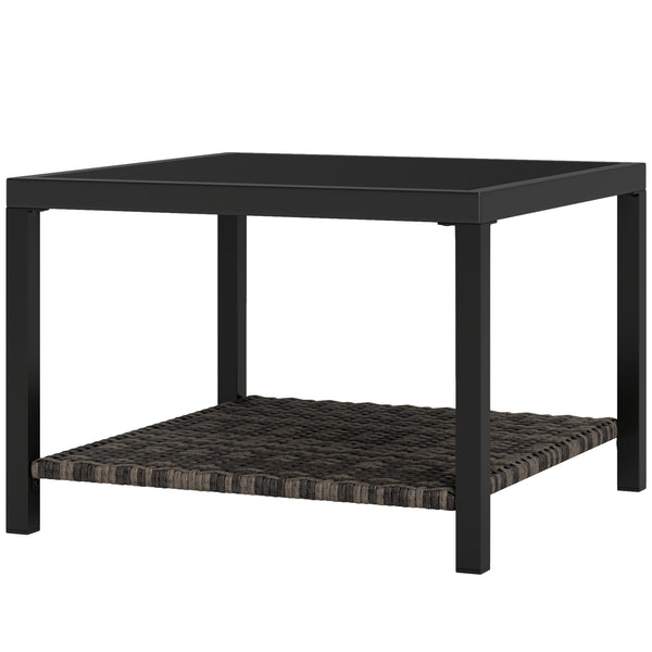 Outdoor coffee table with tempered glass top and storage shelf, black