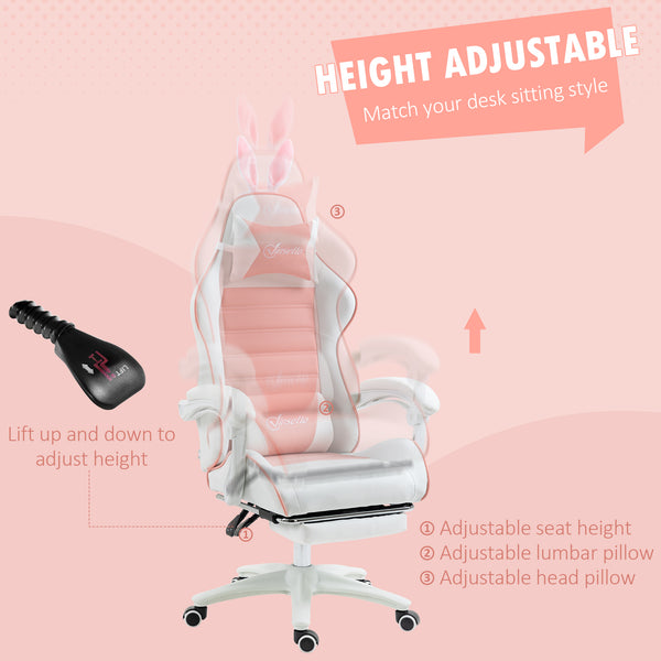 PU leather gaming chair with footrest, headrest and lumbar support, white and pink