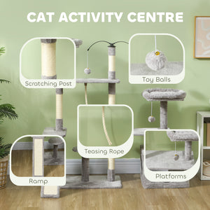 Cat tree with scratching posts, niche, beds, platforms and play balls, light grey