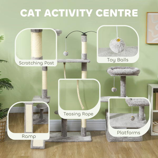 Cat tree with scratching posts, niche, beds, platforms and play balls, light grey