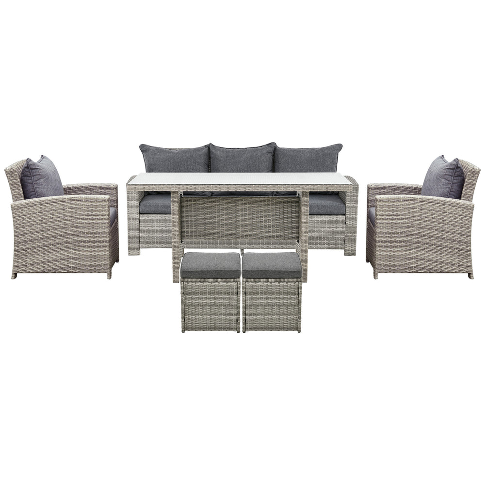 Ensemble de meubles de jardin 6 pièces en rotin tressé gris clair avec canapé 3 places, fauteuils, repose-pieds et table basse, idéal pour terrasse ou patio