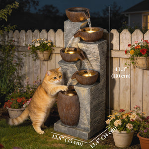 Outdoor cascading stone fountain, 5 tiers, LED lighting, adjustable flow, rustic gray and brown