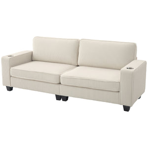 3 seater fabric sofa with spring cushion and cup holders, cream white
