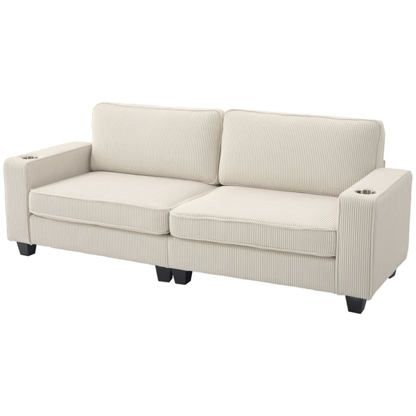 3 seater fabric sofa with spring cushion and cup holders, cream white