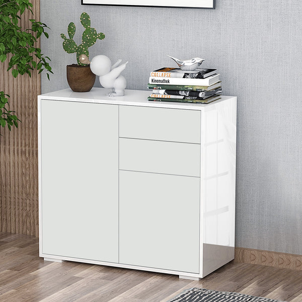 High gloss lacquered sideboard with 2 drawers, 2 doors and an adjustable shelf, push-to-open, white