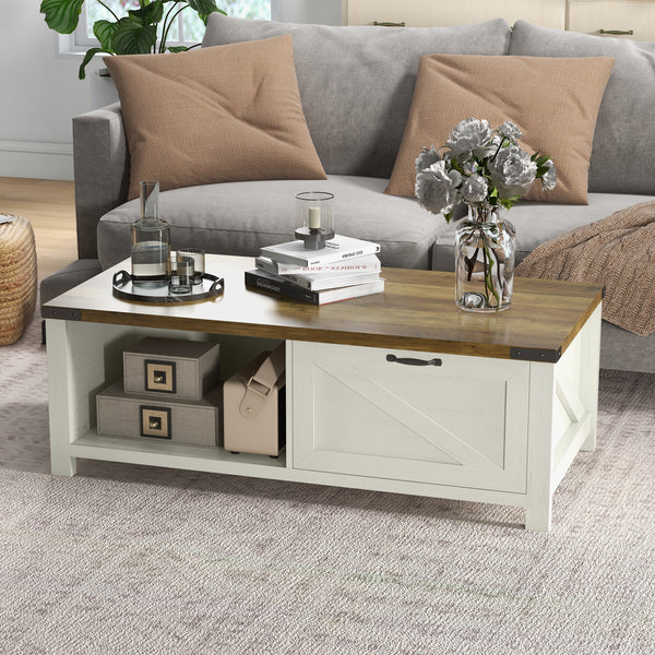 Industrial coffee table with drawer and storage shelf, white and wood effect