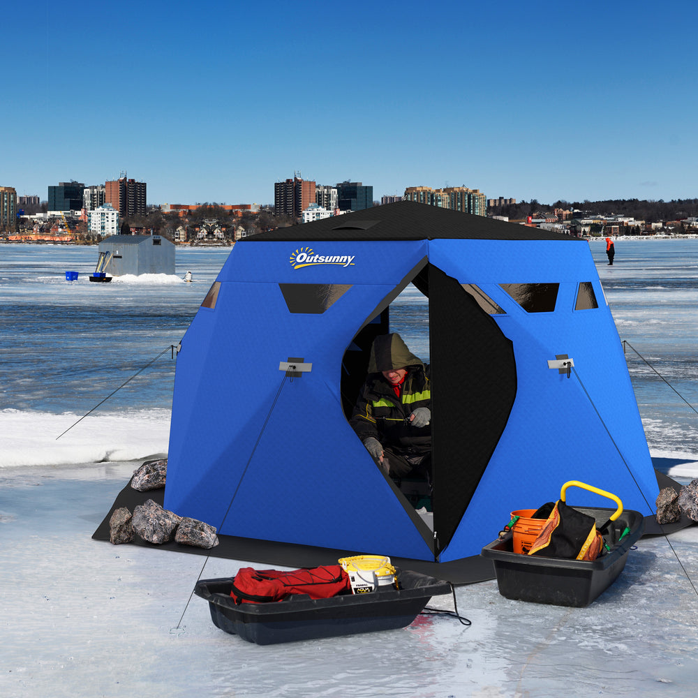 Insulated ice fishing shelter for 4 people, portable and foldable with carry bag and two doors, for temperatures down to -30°C, blue