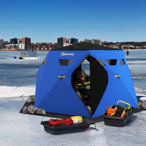 Insulated ice fishing shelter for 4 people, portable and foldable with carry bag and two doors, for temperatures down to -30°C, blue
