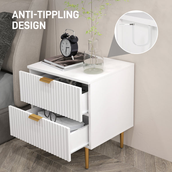 Modern bedside table with 2 drawers and metal legs, white
