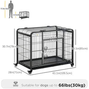 Foldable, sturdy cage with double door, lockable wheels and tray