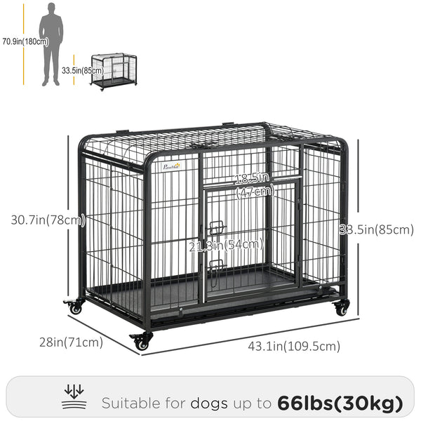 Foldable, sturdy cage with double door, lockable wheels and tray