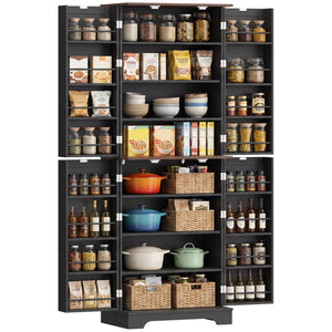 Farmhouse-style tall pantry with 2 cabinets, door, and adjustable shelves, black