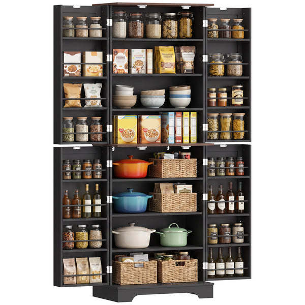 Farmhouse-style tall pantry with 2 cabinets, door, and adjustable shelves, black