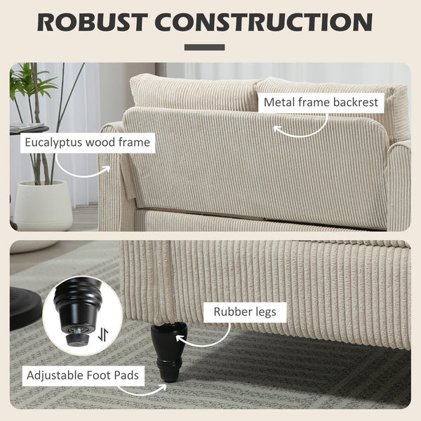 Vintage 2-seater sofa with rolled armrests and rubberwood legs, beige