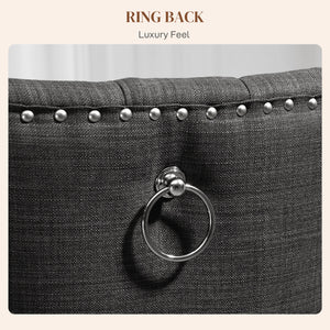 Set of 2 linen dining chairs with studded trim and wooden legs, dark grey