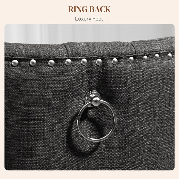 Set of 2 linen dining chairs with studded trim and wooden legs, dark grey