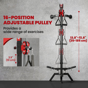 Wall-mounted pulley station adjustable to 16 positions, compatible with Olympic plates – Black and red