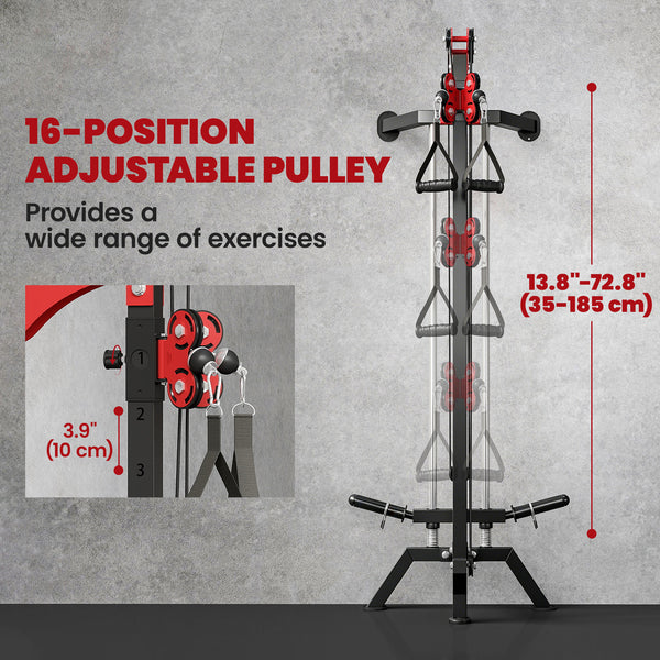 Wall-mounted pulley station adjustable to 16 positions, compatible with Olympic plates – Black and red