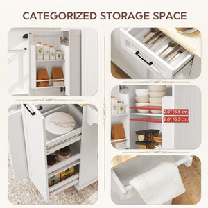 White mobile kitchen island with fold-down countertop, electrical outlets and storage